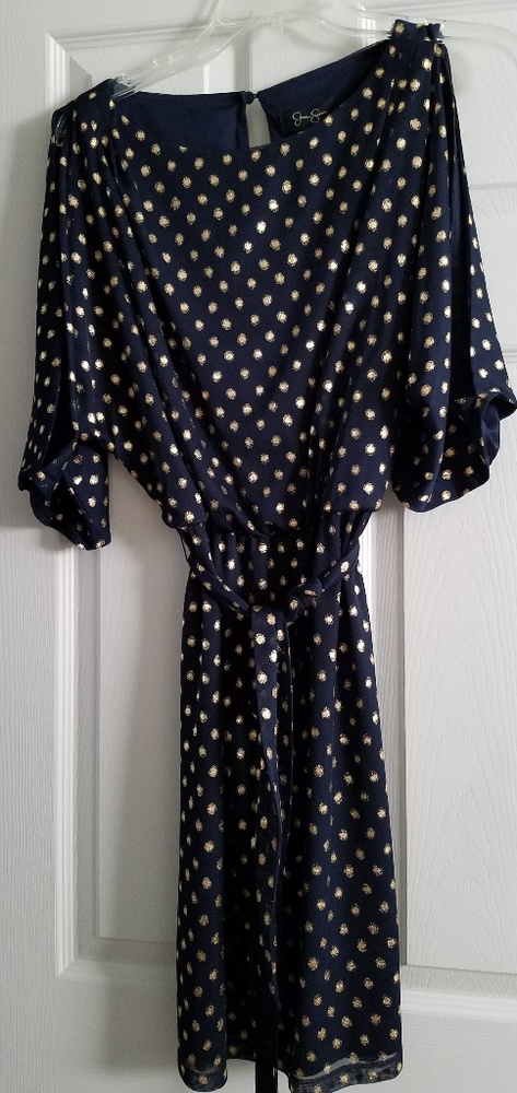Jessica Simpson blue and gold polka dot dress